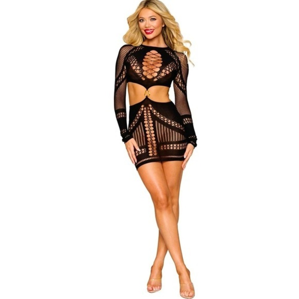 DREAMGIRL Black Fishnet Cutout Long Sleeve Chemise Lingerie One Size 13675